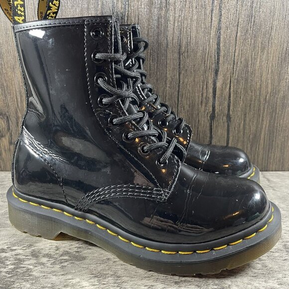 Dr. Martens Shoes - Dr Martens 11821 Glossy Black Leather Lace 8 Eyelet Combat Boots Womens Size 6